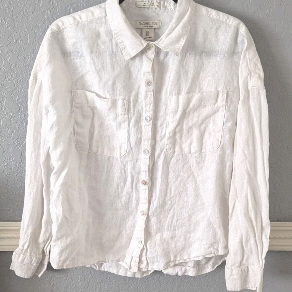 100% linen Rachel Zoe white flax lagenlook pearl button up shirt coastal artsy